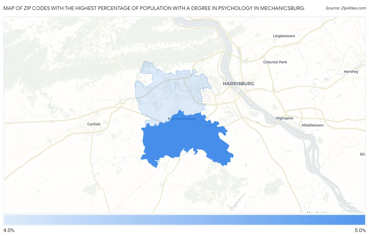 Zip Codes with the Highest Percentage of Population with a Degree in Psychology in Mechanicsburg Map