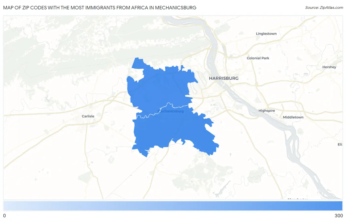 Zip Codes with the Most Immigrants from Africa in Mechanicsburg Map