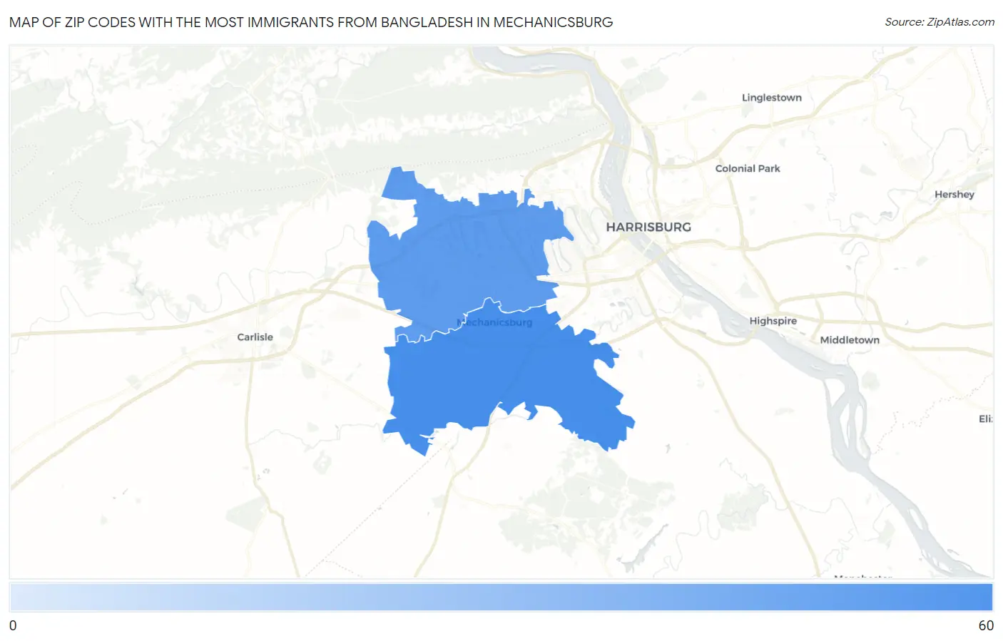 Zip Codes with the Most Immigrants from Bangladesh in Mechanicsburg Map