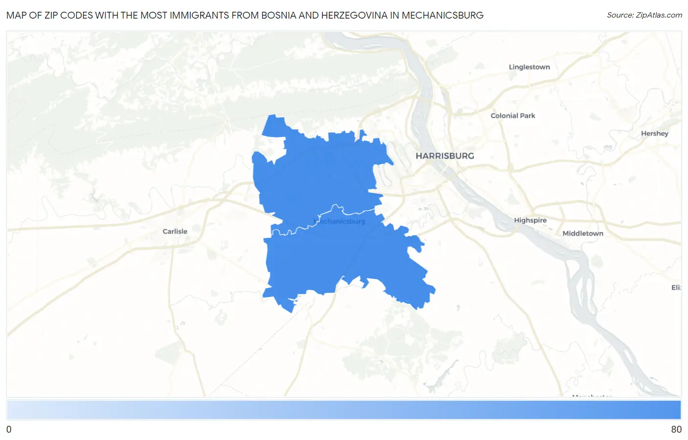 Zip Codes with the Most Immigrants from Bosnia and Herzegovina in Mechanicsburg Map