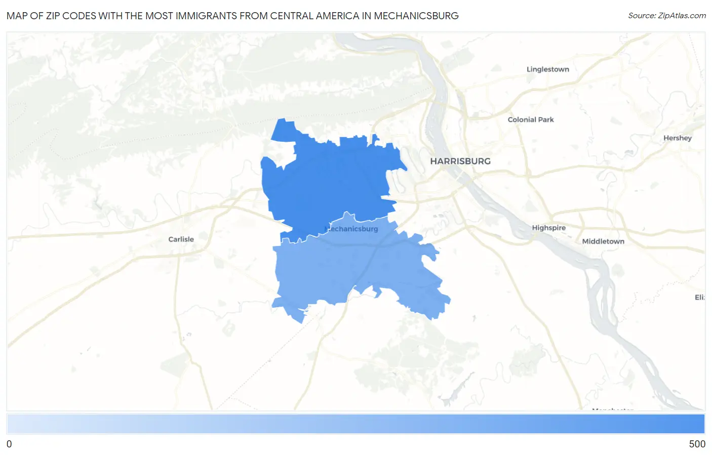 Zip Codes with the Most Immigrants from Central America in Mechanicsburg Map