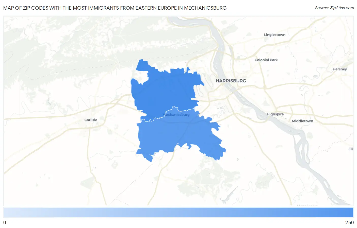 Zip Codes with the Most Immigrants from Eastern Europe in Mechanicsburg Map