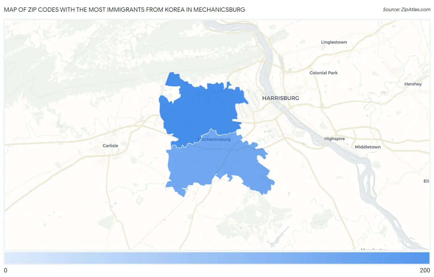 Zip Codes with the Most Immigrants from Korea in Mechanicsburg Map