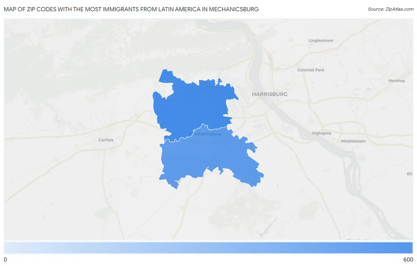 Zip Codes with the Most Immigrants from Latin America in Mechanicsburg Map