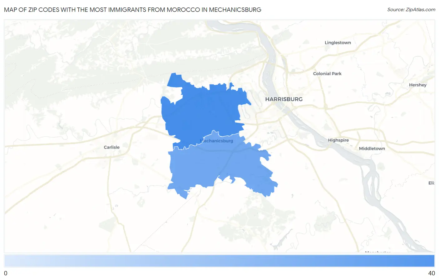 Zip Codes with the Most Immigrants from Morocco in Mechanicsburg Map