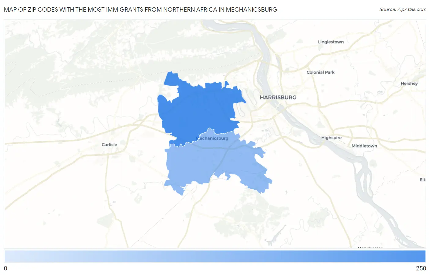 Zip Codes with the Most Immigrants from Northern Africa in Mechanicsburg Map