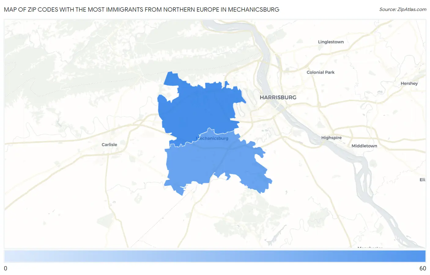 Zip Codes with the Most Immigrants from Northern Europe in Mechanicsburg Map