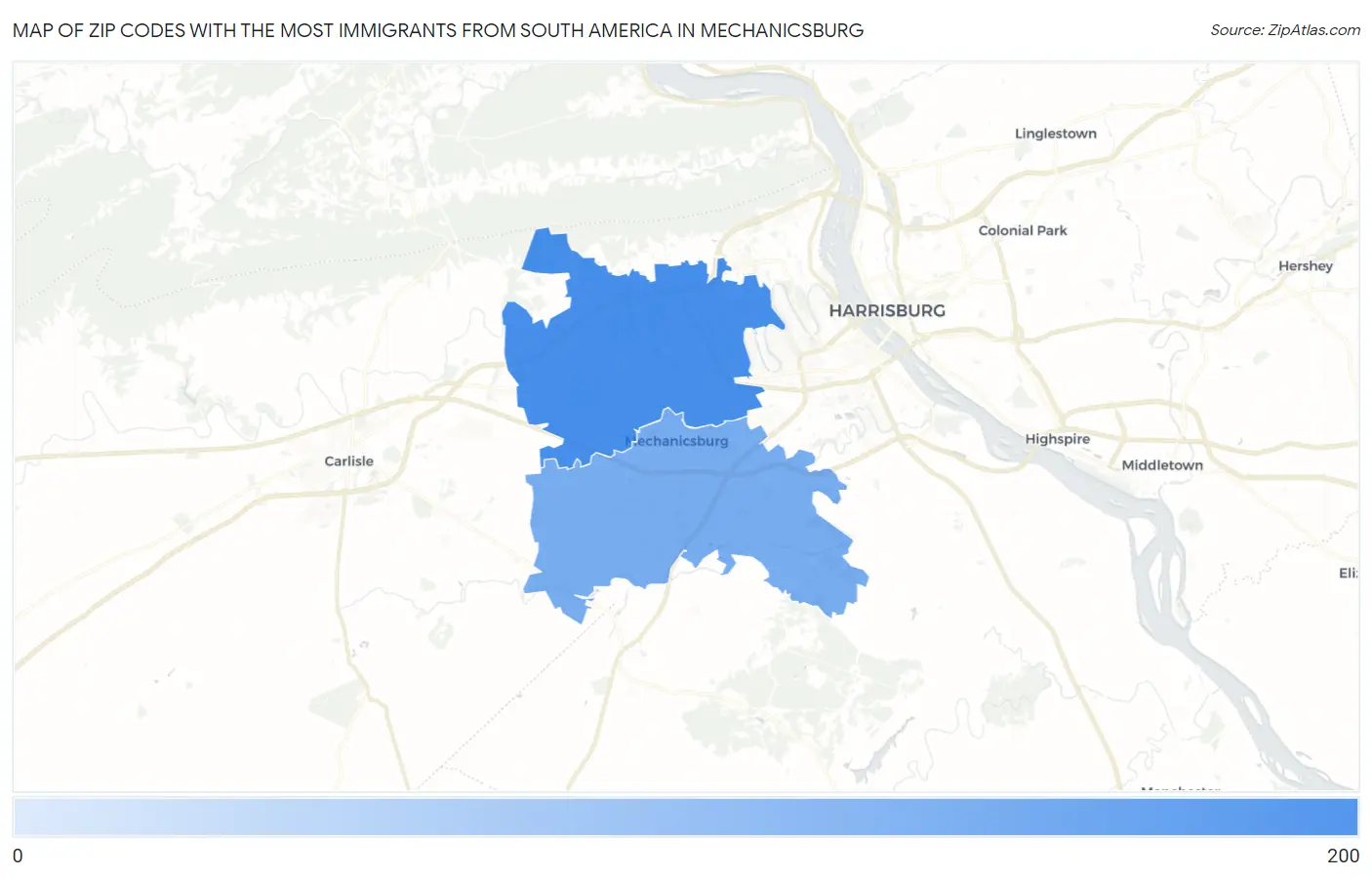 Zip Codes with the Most Immigrants from South America in Mechanicsburg Map
