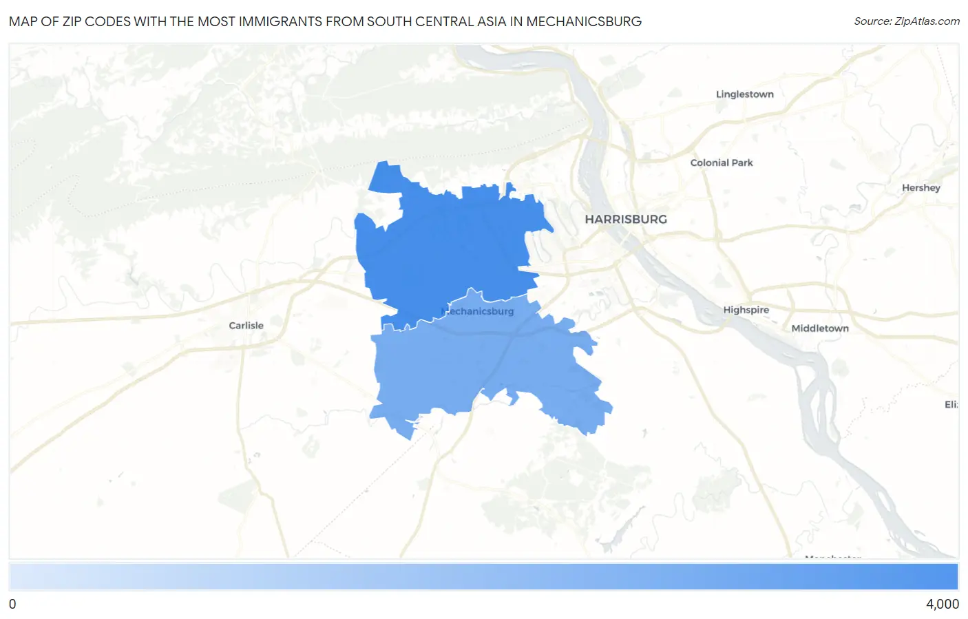 Zip Codes with the Most Immigrants from South Central Asia in Mechanicsburg Map