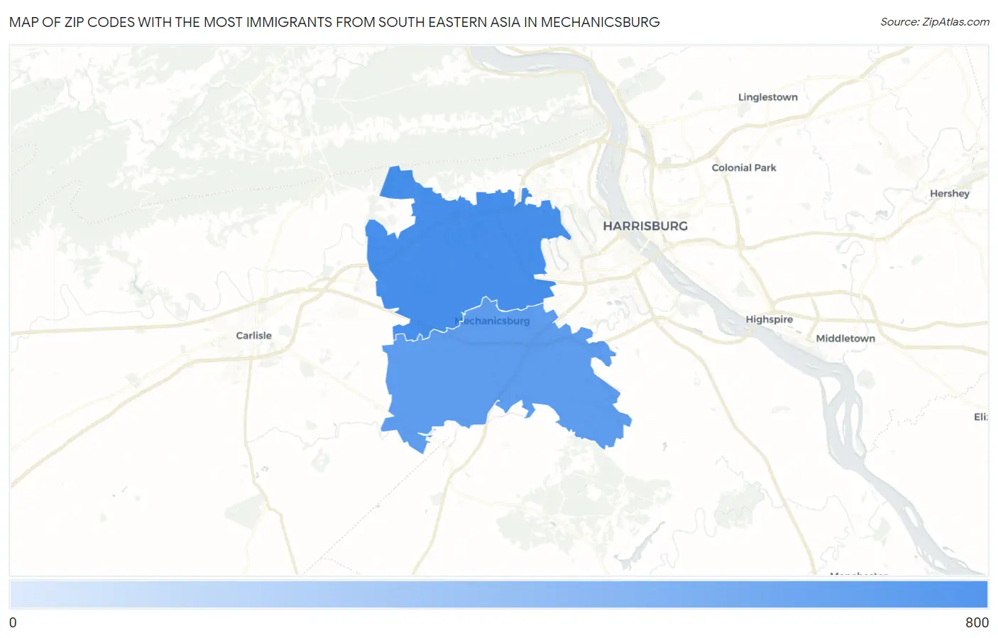 Zip Codes with the Most Immigrants from South Eastern Asia in Mechanicsburg Map