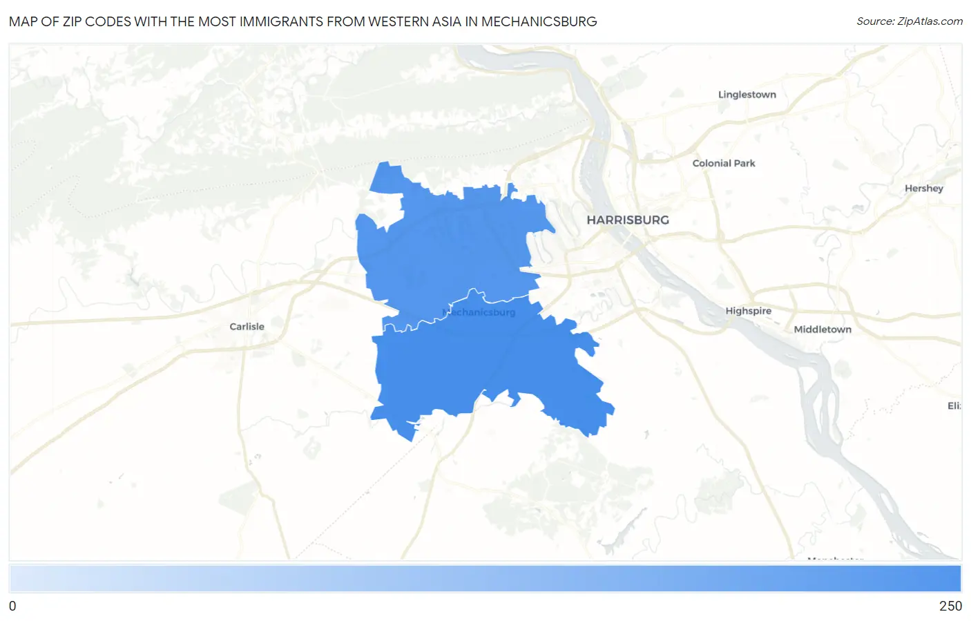 Zip Codes with the Most Immigrants from Western Asia in Mechanicsburg Map