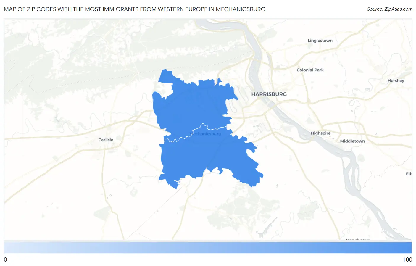 Zip Codes with the Most Immigrants from Western Europe in Mechanicsburg Map