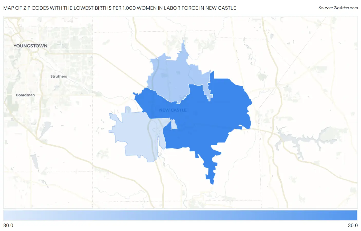 Zip Codes with the Lowest Births per 1,000 Women in Labor Force in New Castle Map