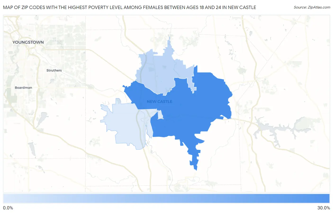 Zip Codes with the Highest Poverty Level Among Females Between Ages 18 and 24 in New Castle Map