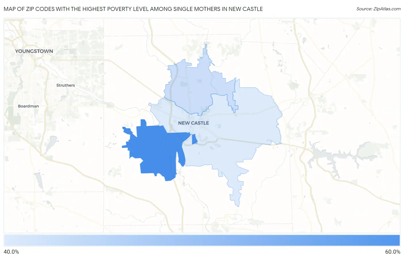 Zip Codes with the Highest Poverty Level Among Single Mothers in New Castle Map