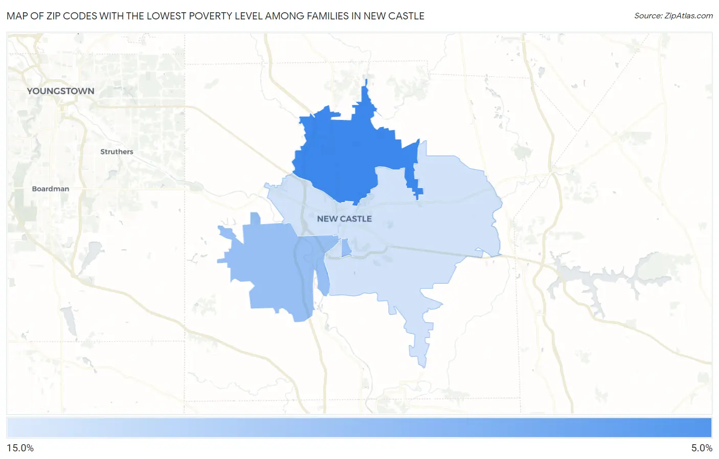 Zip Codes with the Lowest Poverty Level Among Families in New Castle Map
