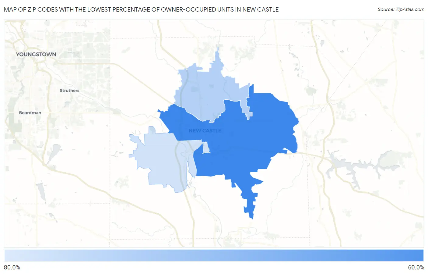 Zip Codes with the Lowest Percentage of Owner-Occupied Units in New Castle Map