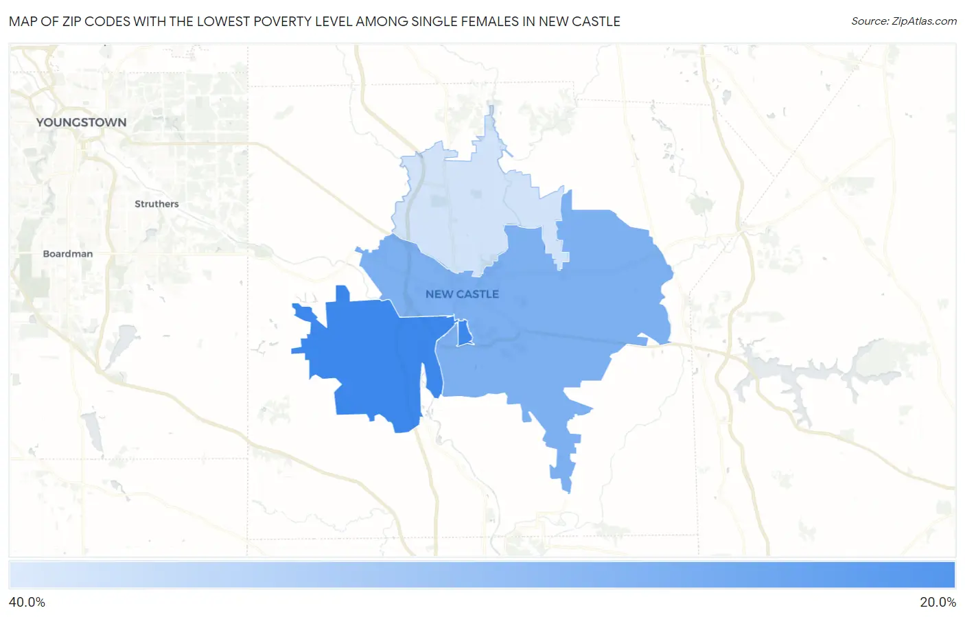 Zip Codes with the Lowest Poverty Level Among Single Females in New Castle Map