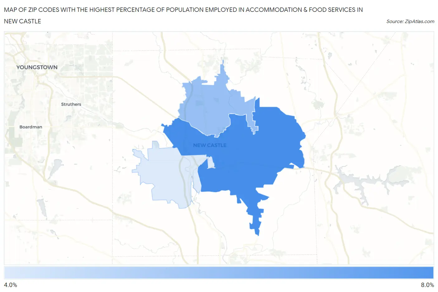 Zip Codes with the Highest Percentage of Population Employed in Accommodation & Food Services in New Castle Map