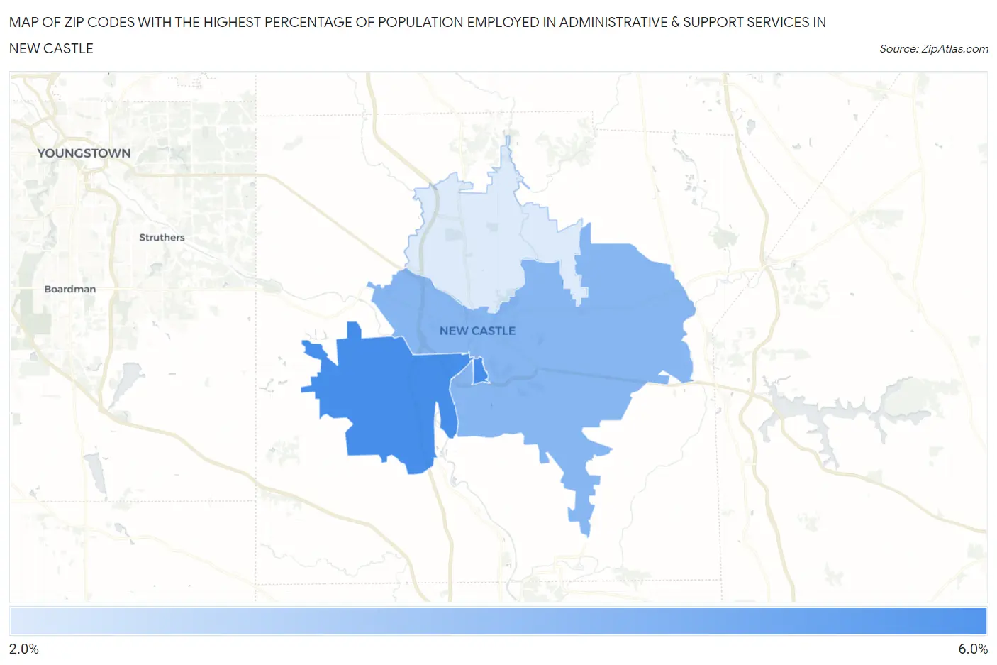 Zip Codes with the Highest Percentage of Population Employed in Administrative & Support Services in New Castle Map