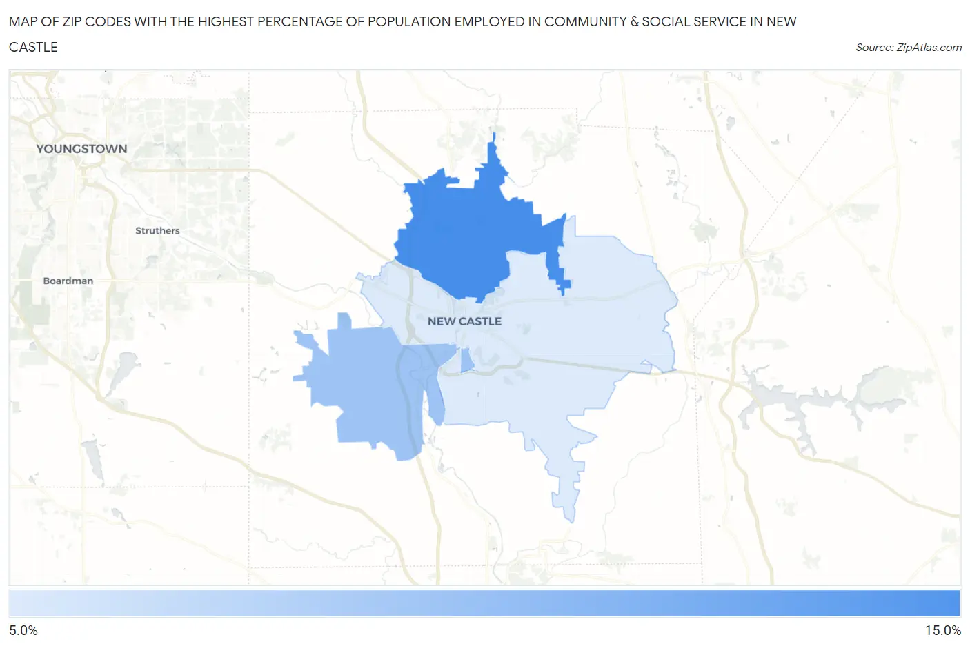 Zip Codes with the Highest Percentage of Population Employed in Community & Social Service  in New Castle Map