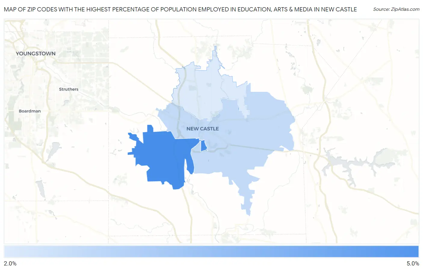Zip Codes with the Highest Percentage of Population Employed in Education, Arts & Media in New Castle Map