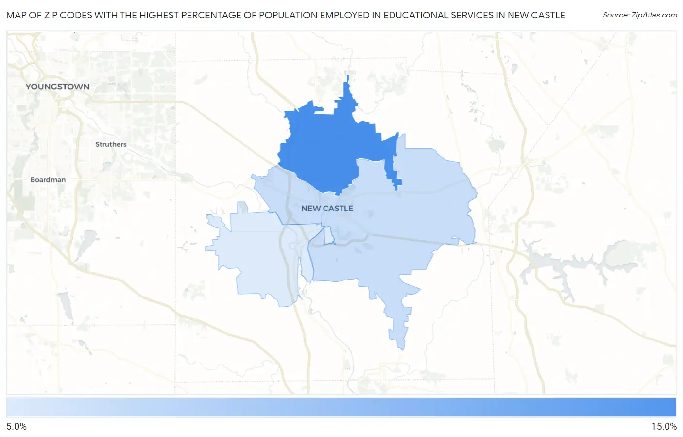 Zip Codes with the Highest Percentage of Population Employed in Educational Services in New Castle Map