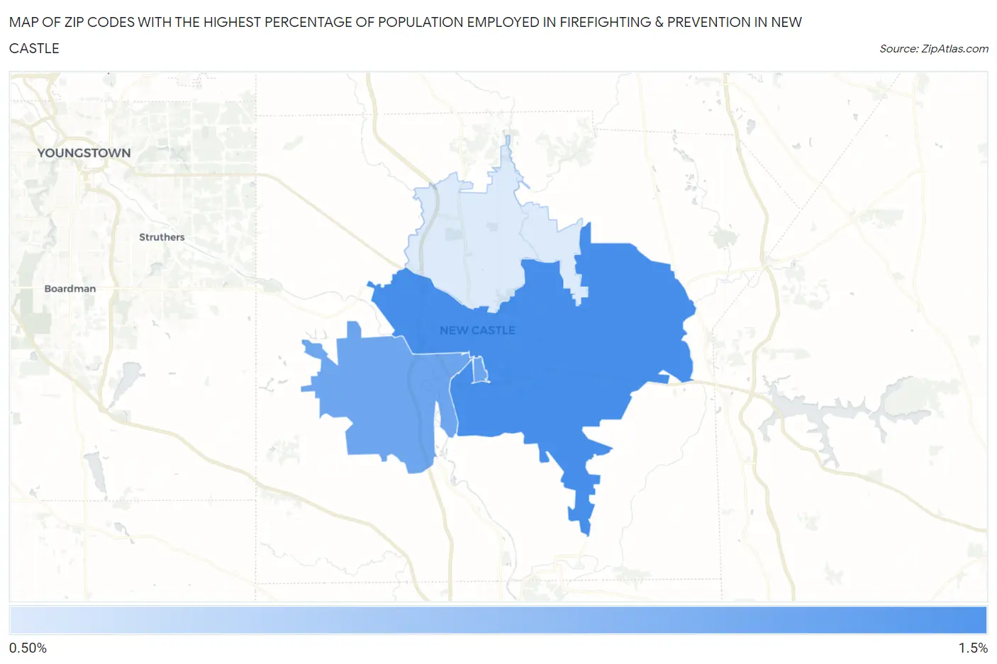 Zip Codes with the Highest Percentage of Population Employed in Firefighting & Prevention in New Castle Map