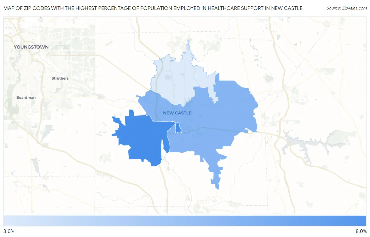 Zip Codes with the Highest Percentage of Population Employed in Healthcare Support in New Castle Map