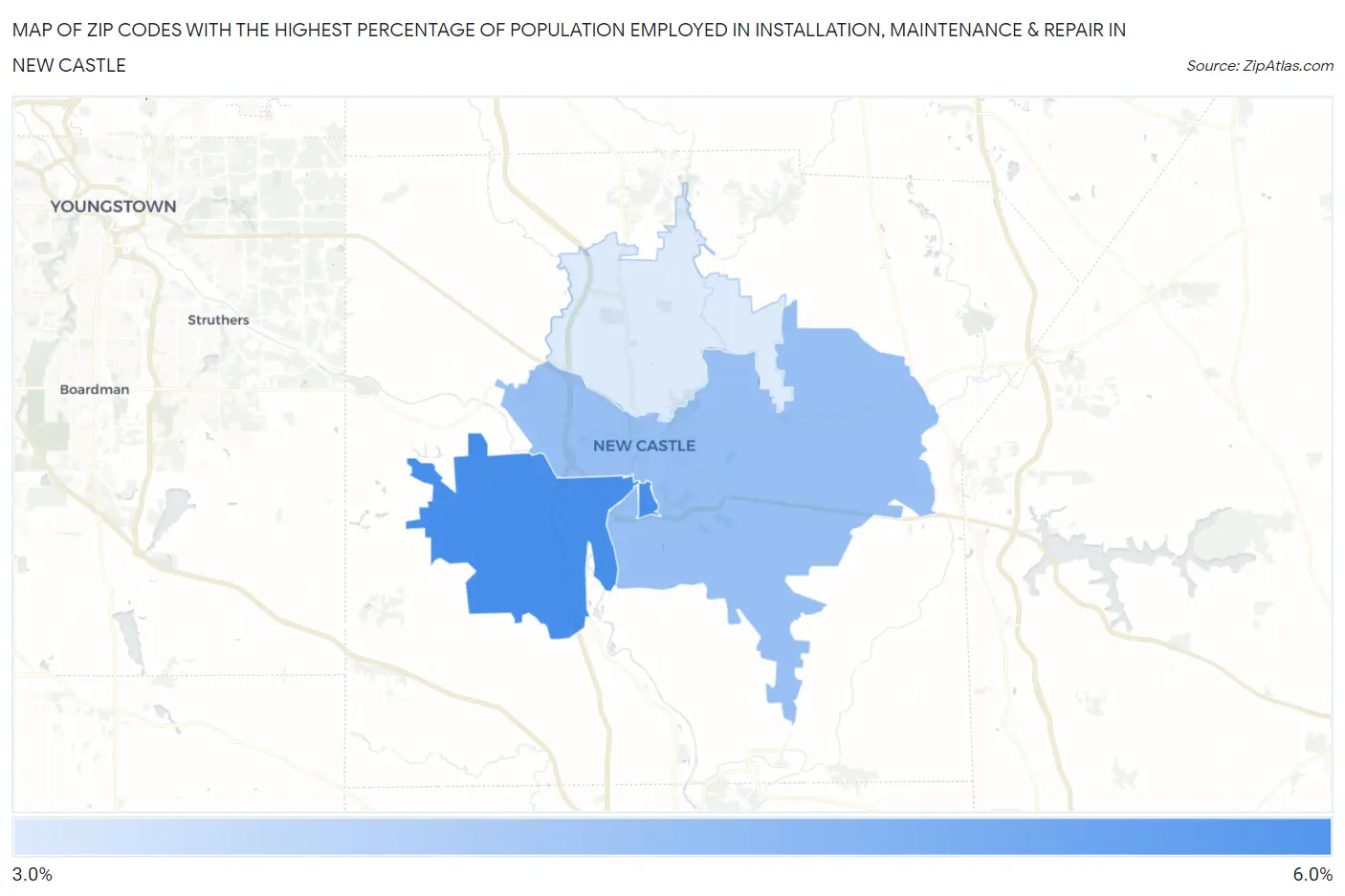 Zip Codes with the Highest Percentage of Population Employed in Installation, Maintenance & Repair in New Castle Map