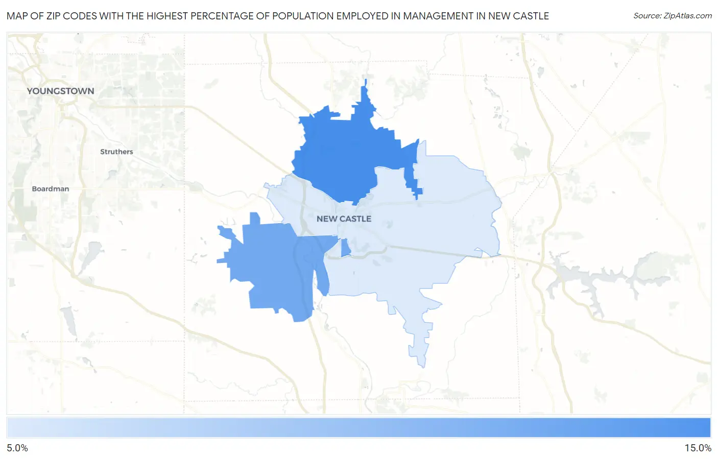 Zip Codes with the Highest Percentage of Population Employed in Management in New Castle Map