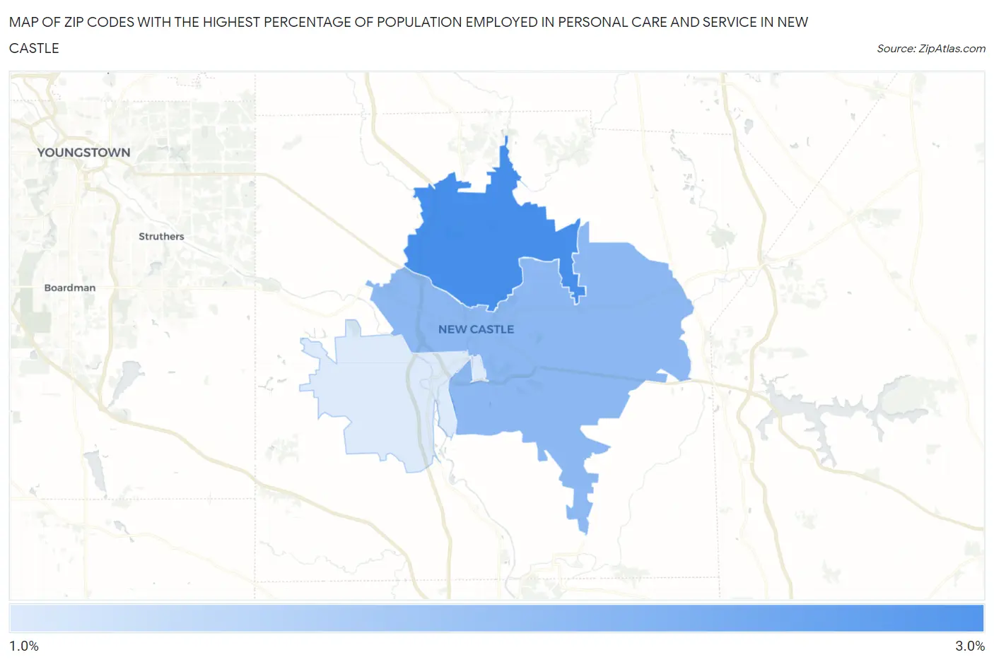 Zip Codes with the Highest Percentage of Population Employed in Personal Care and Service in New Castle Map
