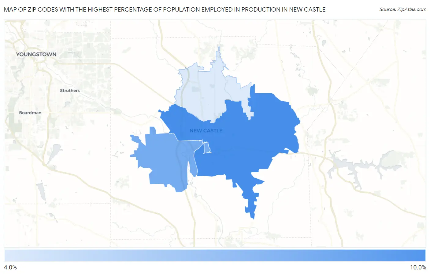 Zip Codes with the Highest Percentage of Population Employed in Production in New Castle Map