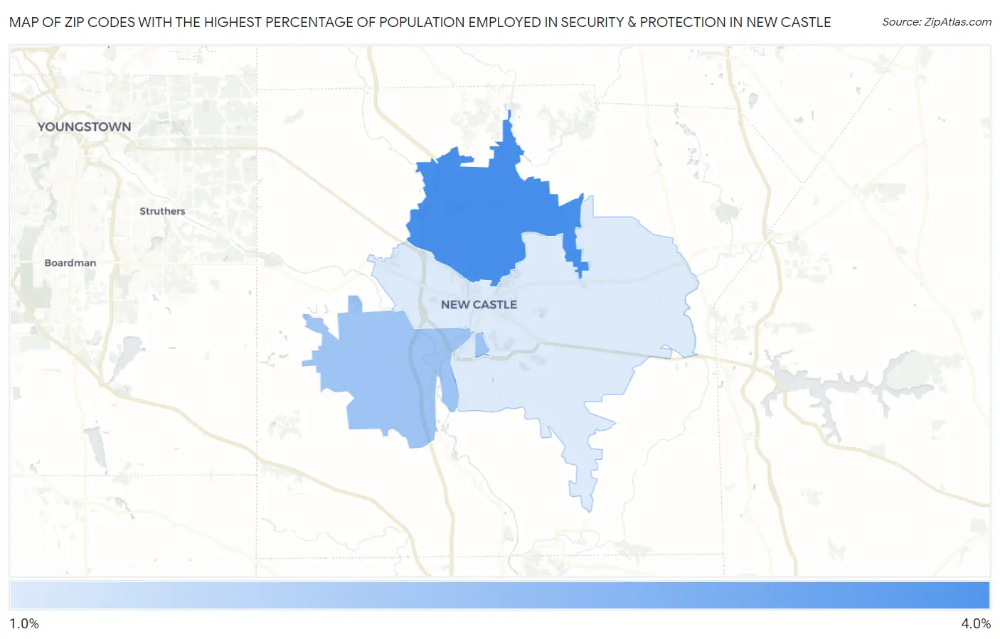 Zip Codes with the Highest Percentage of Population Employed in Security & Protection in New Castle Map