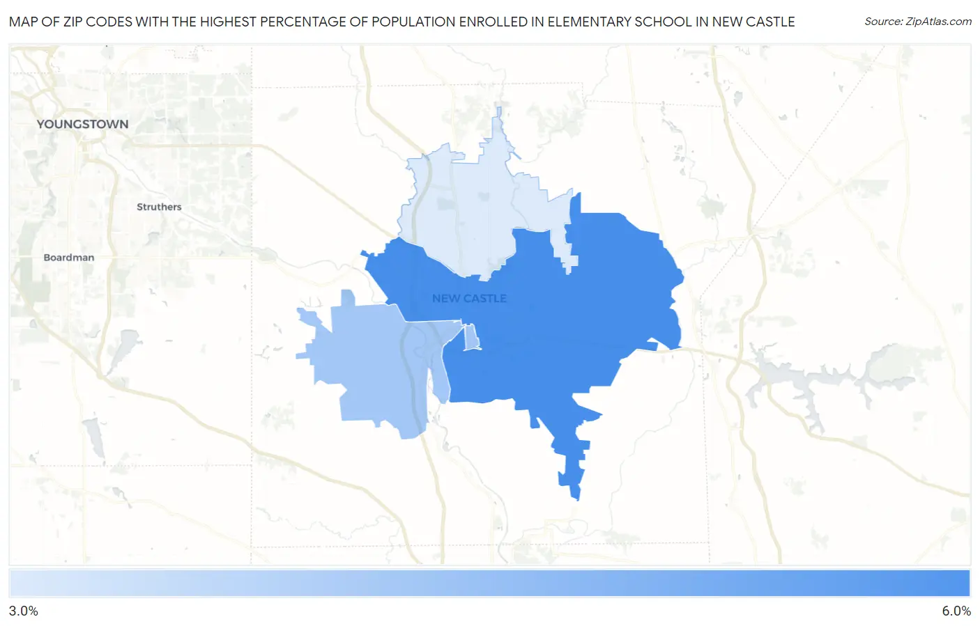 Zip Codes with the Highest Percentage of Population Enrolled in Elementary School in New Castle Map