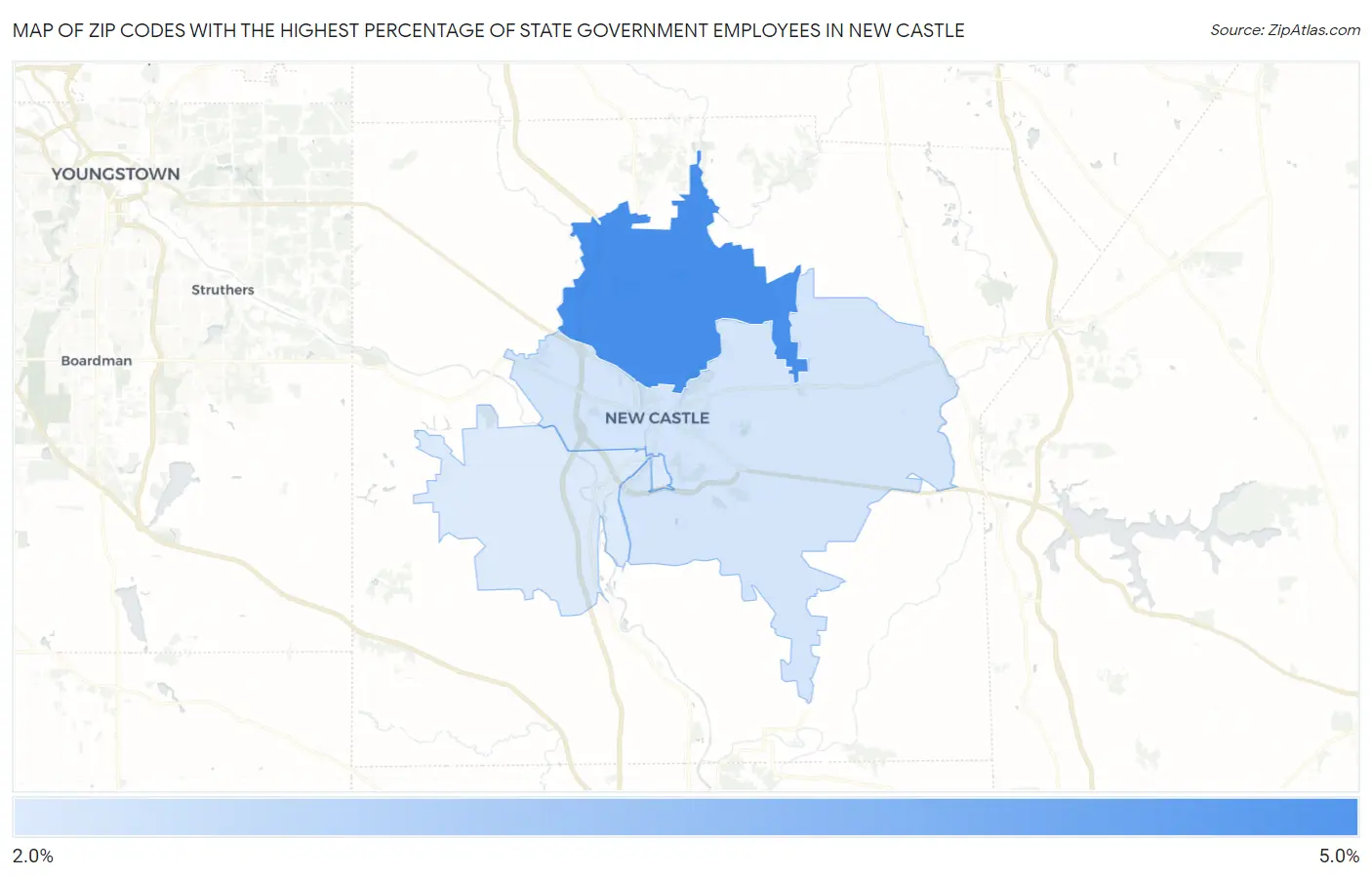 Zip Codes with the Highest Percentage of State Government Employees in New Castle Map
