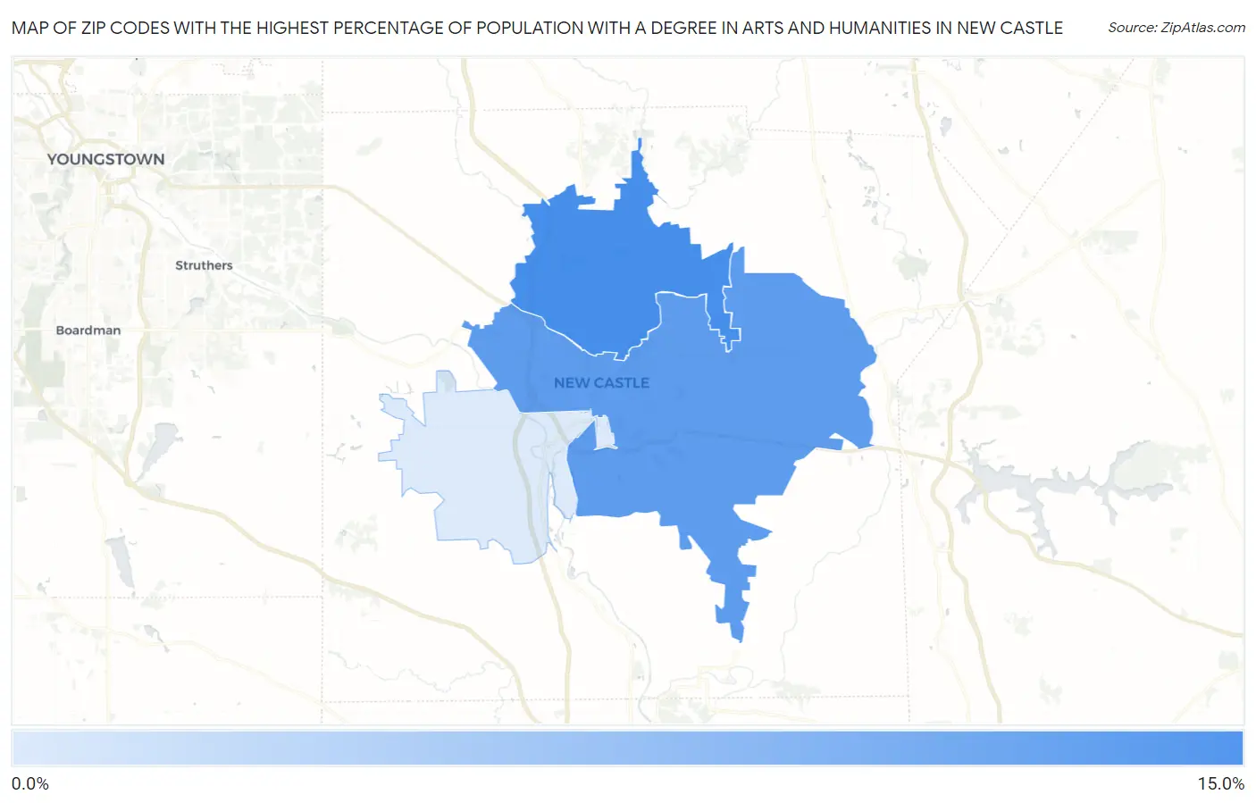 Zip Codes with the Highest Percentage of Population with a Degree in Arts and Humanities in New Castle Map