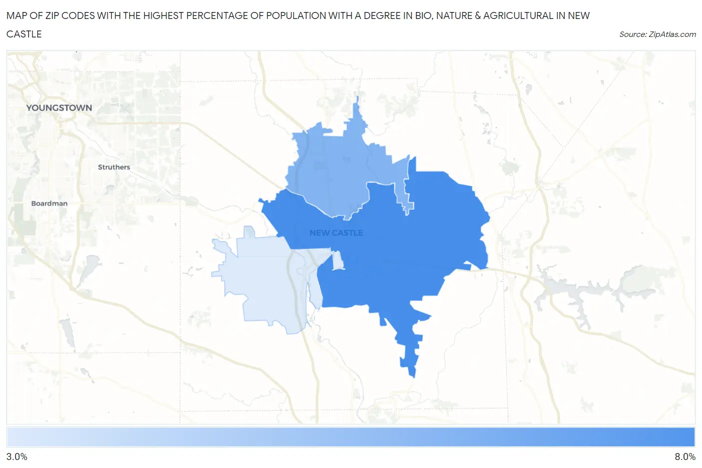 Zip Codes with the Highest Percentage of Population with a Degree in Bio, Nature & Agricultural in New Castle Map