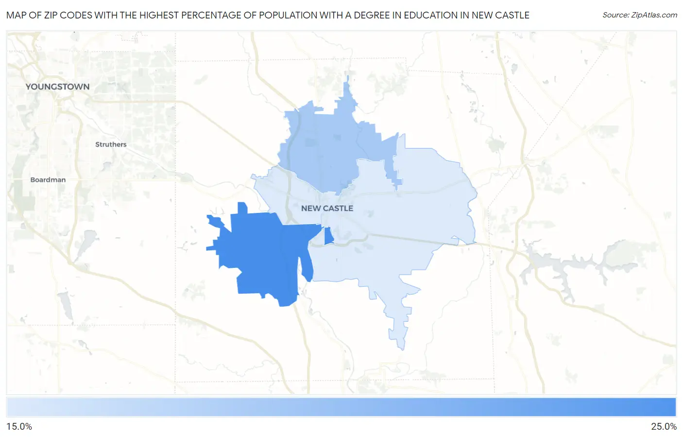 Zip Codes with the Highest Percentage of Population with a Degree in Education in New Castle Map