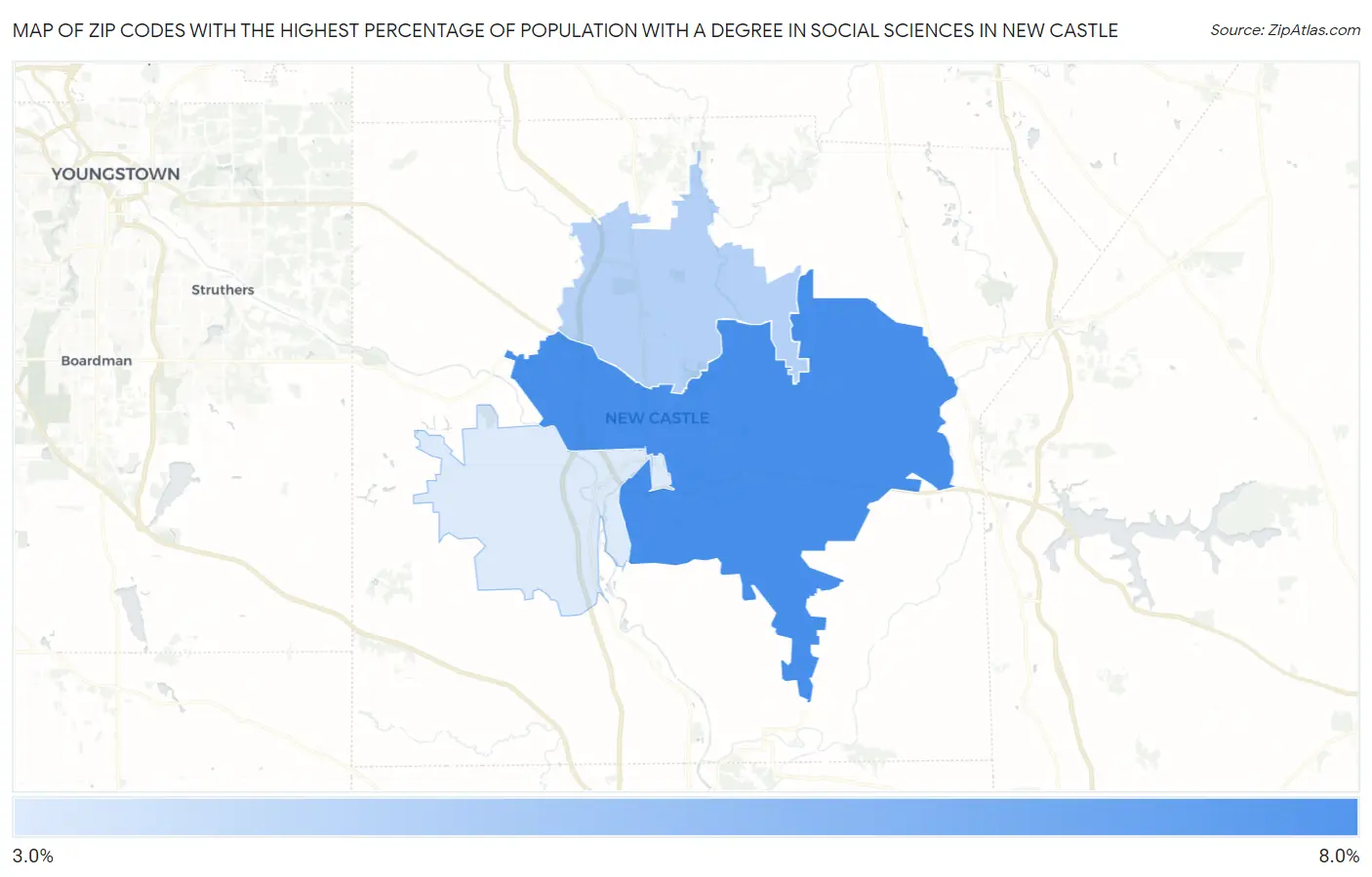 Zip Codes with the Highest Percentage of Population with a Degree in Social Sciences in New Castle Map