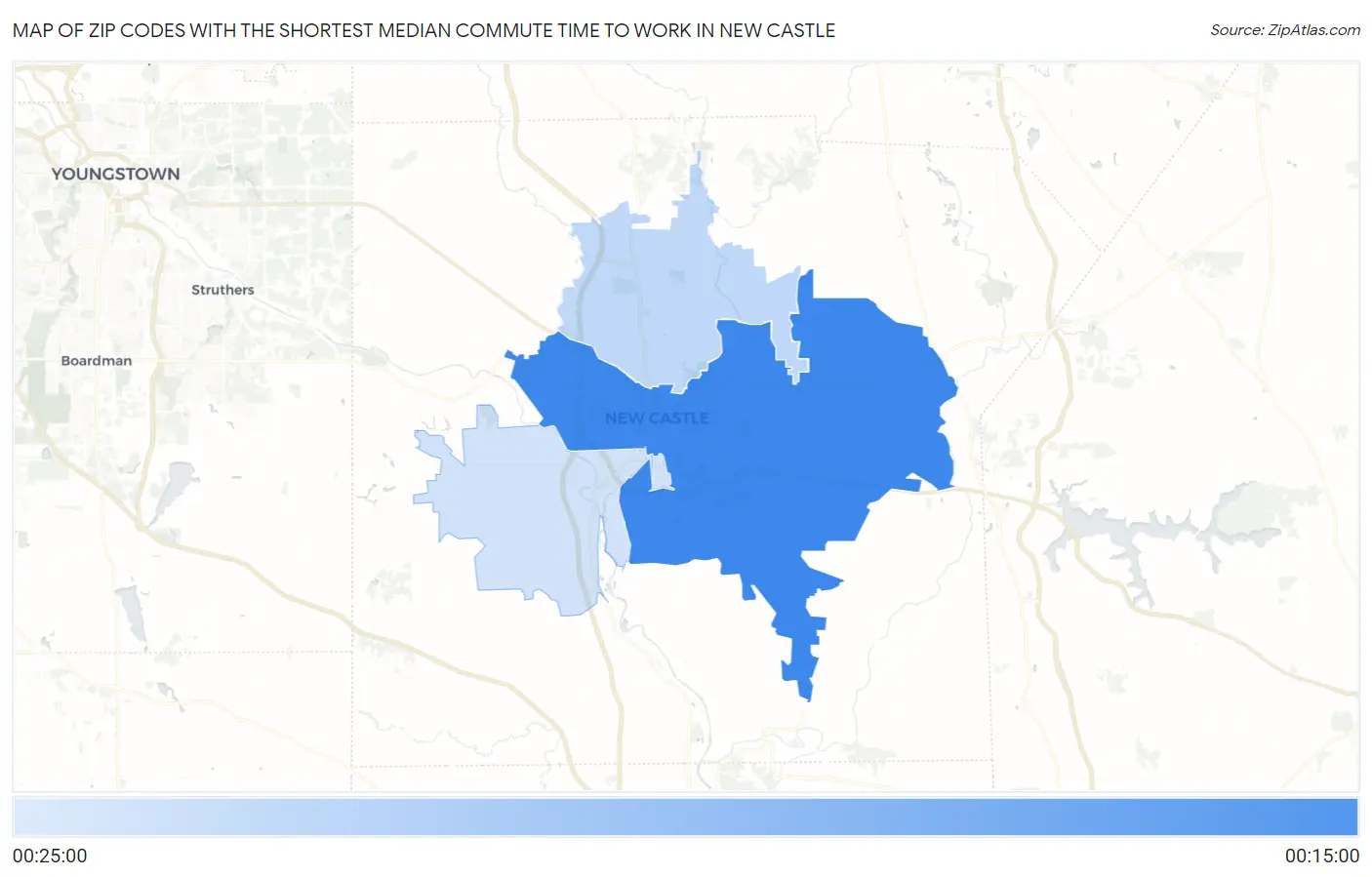 Zip Codes with the Shortest Median Commute Time to Work in New Castle Map