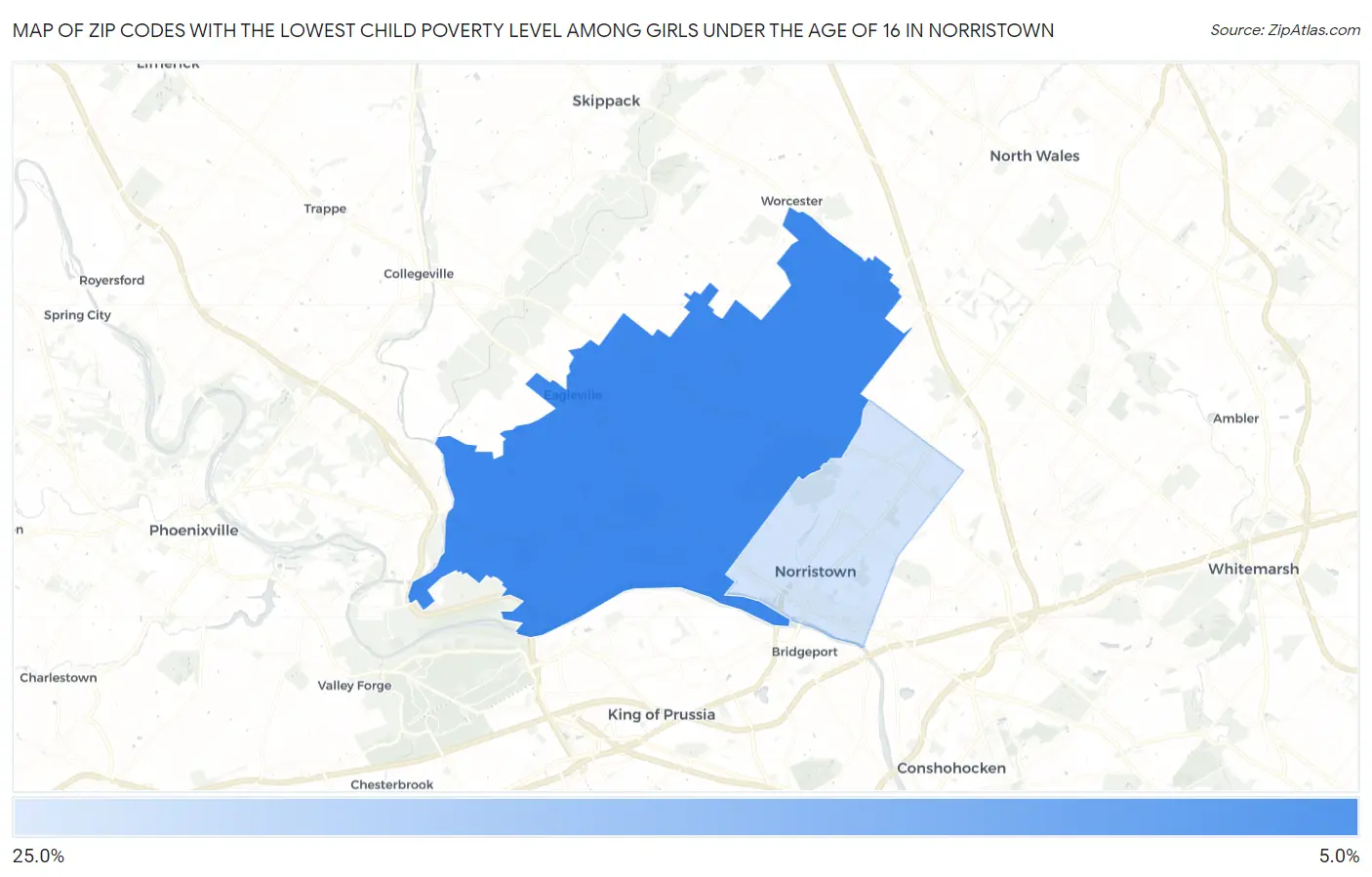 Zip Codes with the Lowest Child Poverty Level Among Girls Under the Age of 16 in Norristown Map