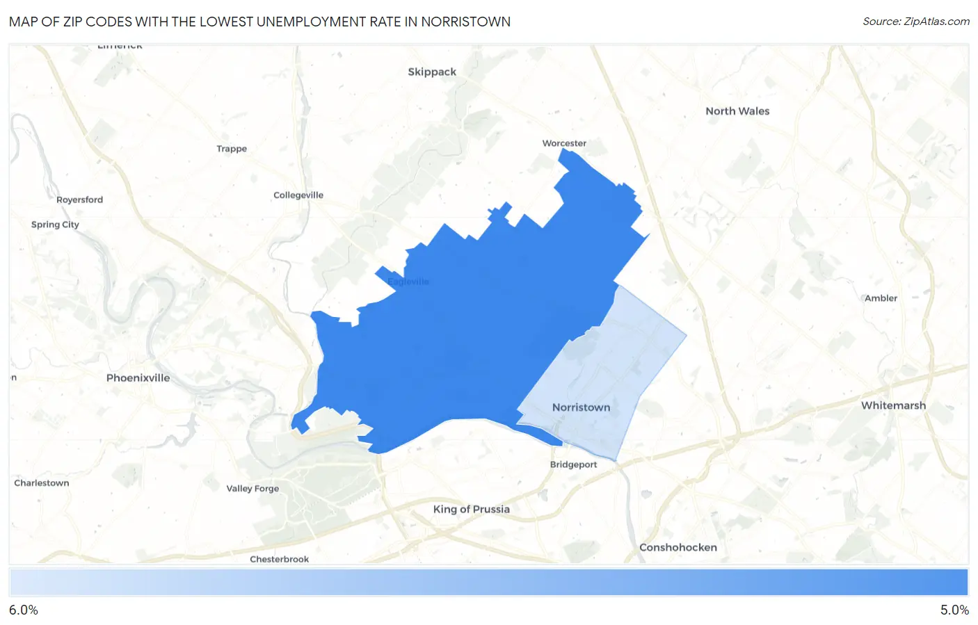 Zip Codes with the Lowest Unemployment Rate in Norristown Map