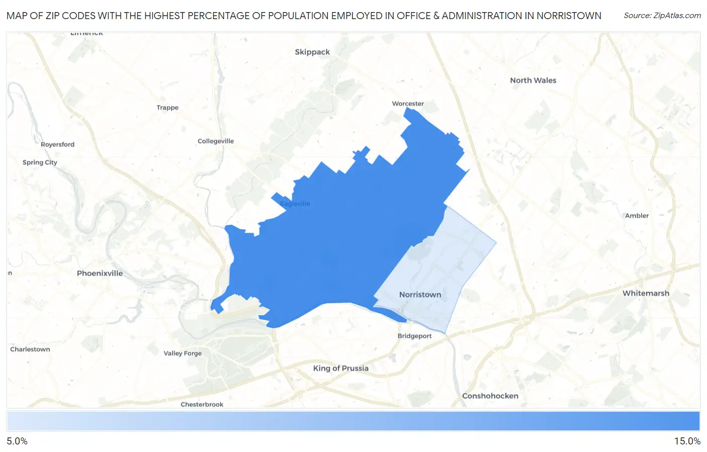 Zip Codes with the Highest Percentage of Population Employed in Office & Administration in Norristown Map