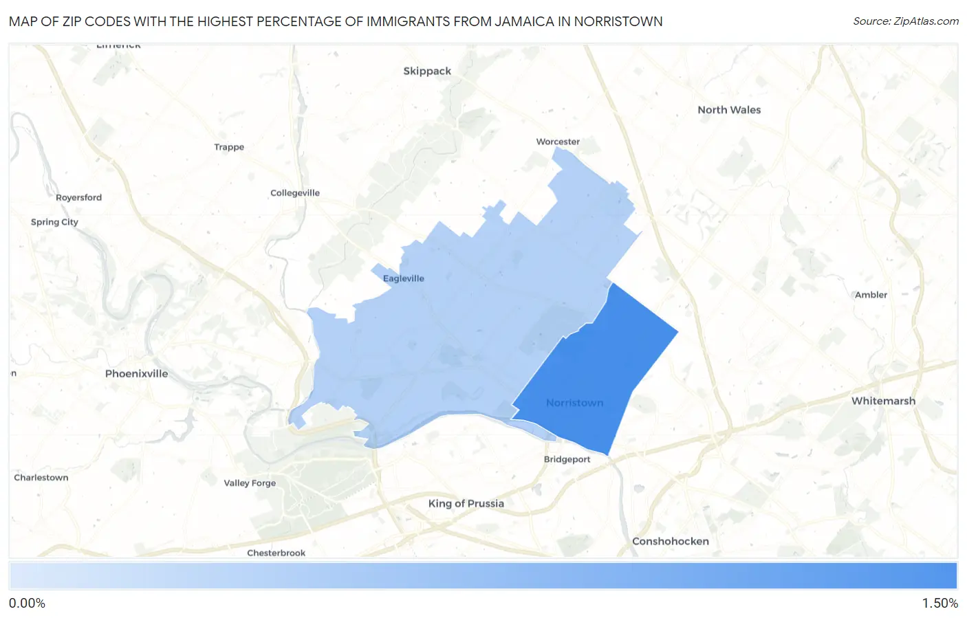 Zip Codes with the Highest Percentage of Immigrants from Jamaica in Norristown Map