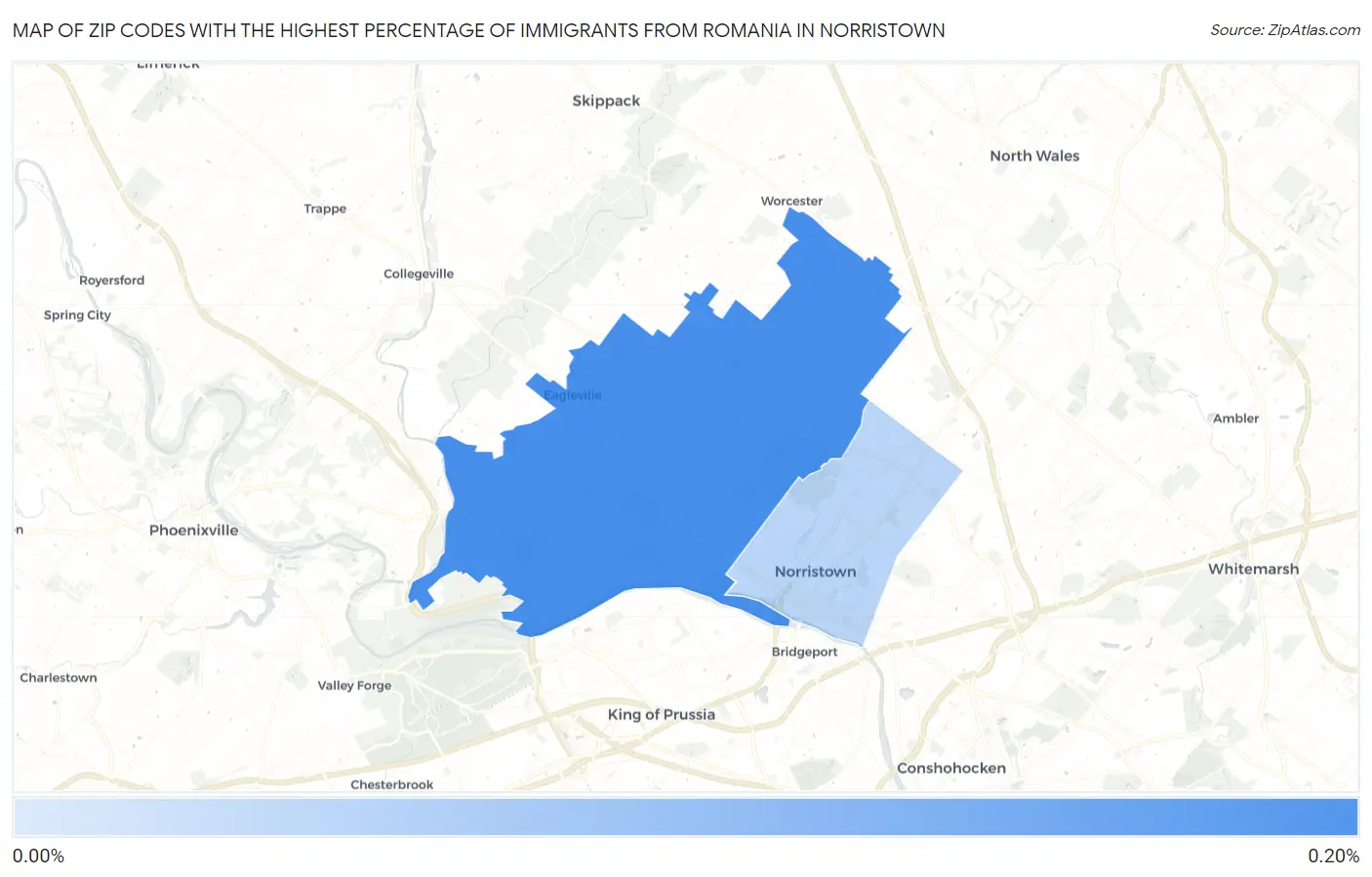 Zip Codes with the Highest Percentage of Immigrants from Romania in Norristown Map