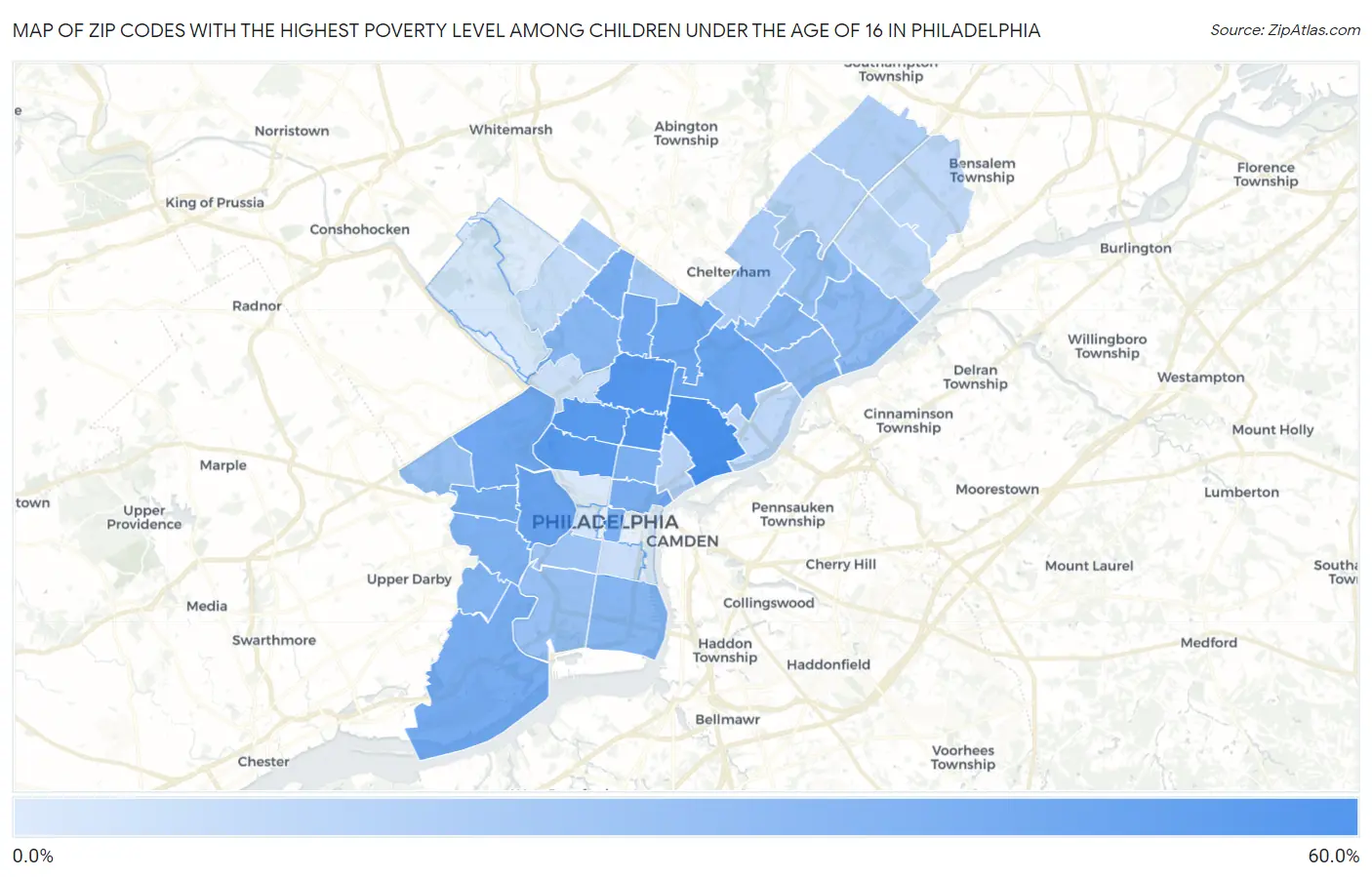 Zip Codes with the Highest Poverty Level Among Children Under the Age of 16 in Philadelphia Map