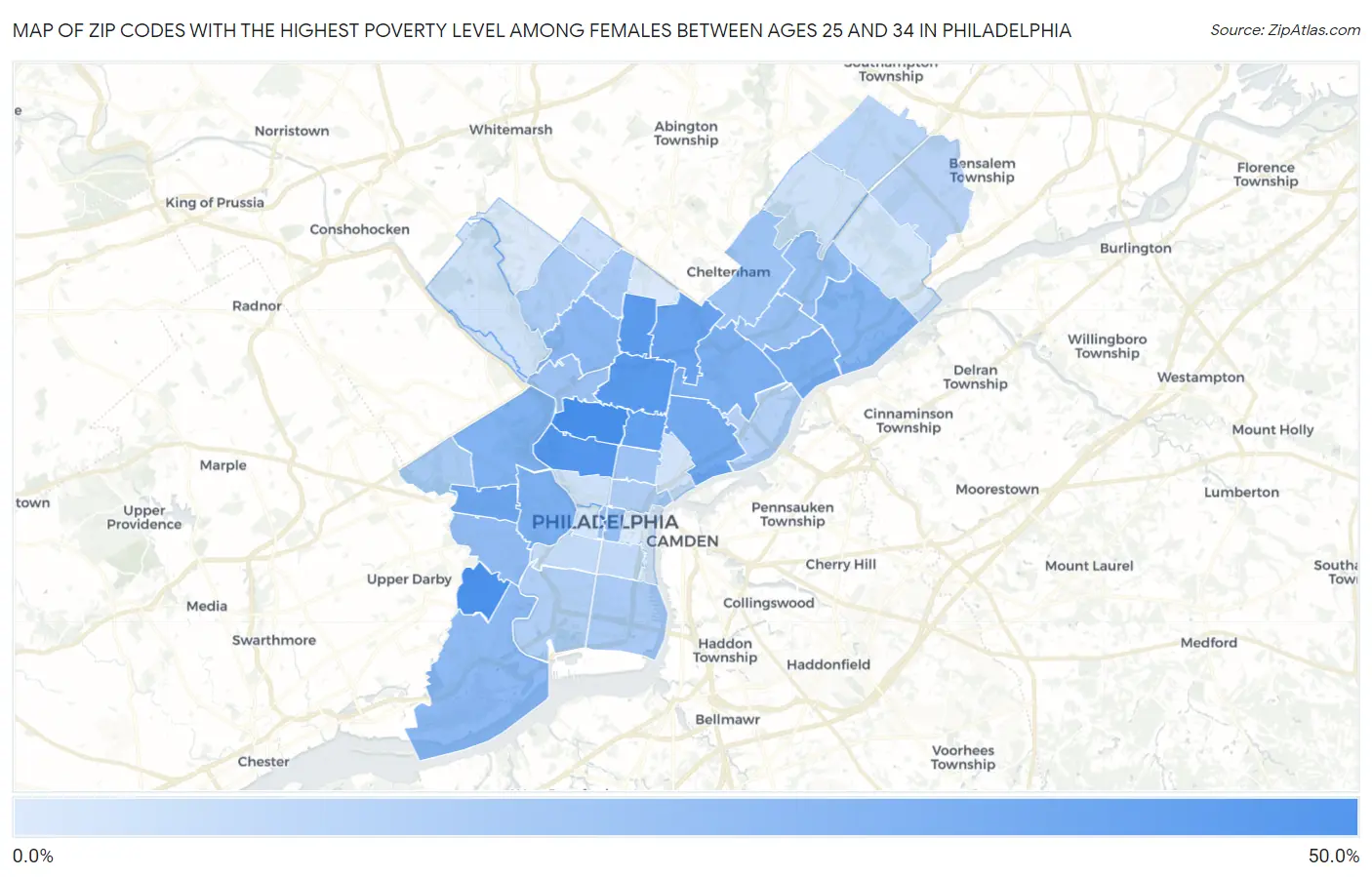 Zip Codes with the Highest Poverty Level Among Females Between Ages 25 and 34 in Philadelphia Map
