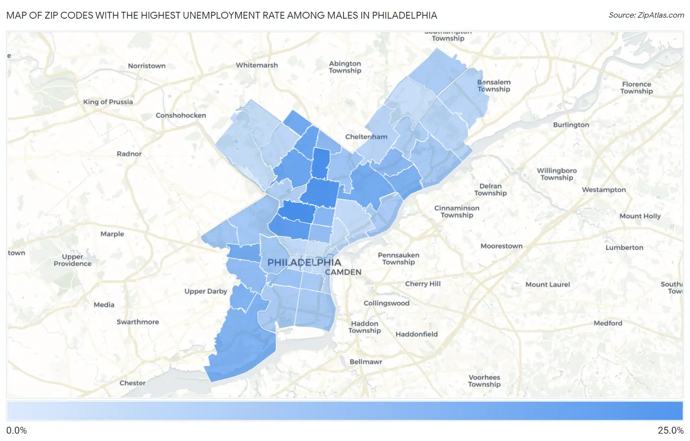Zip Codes with the Highest Unemployment Rate Among Males in Philadelphia Map