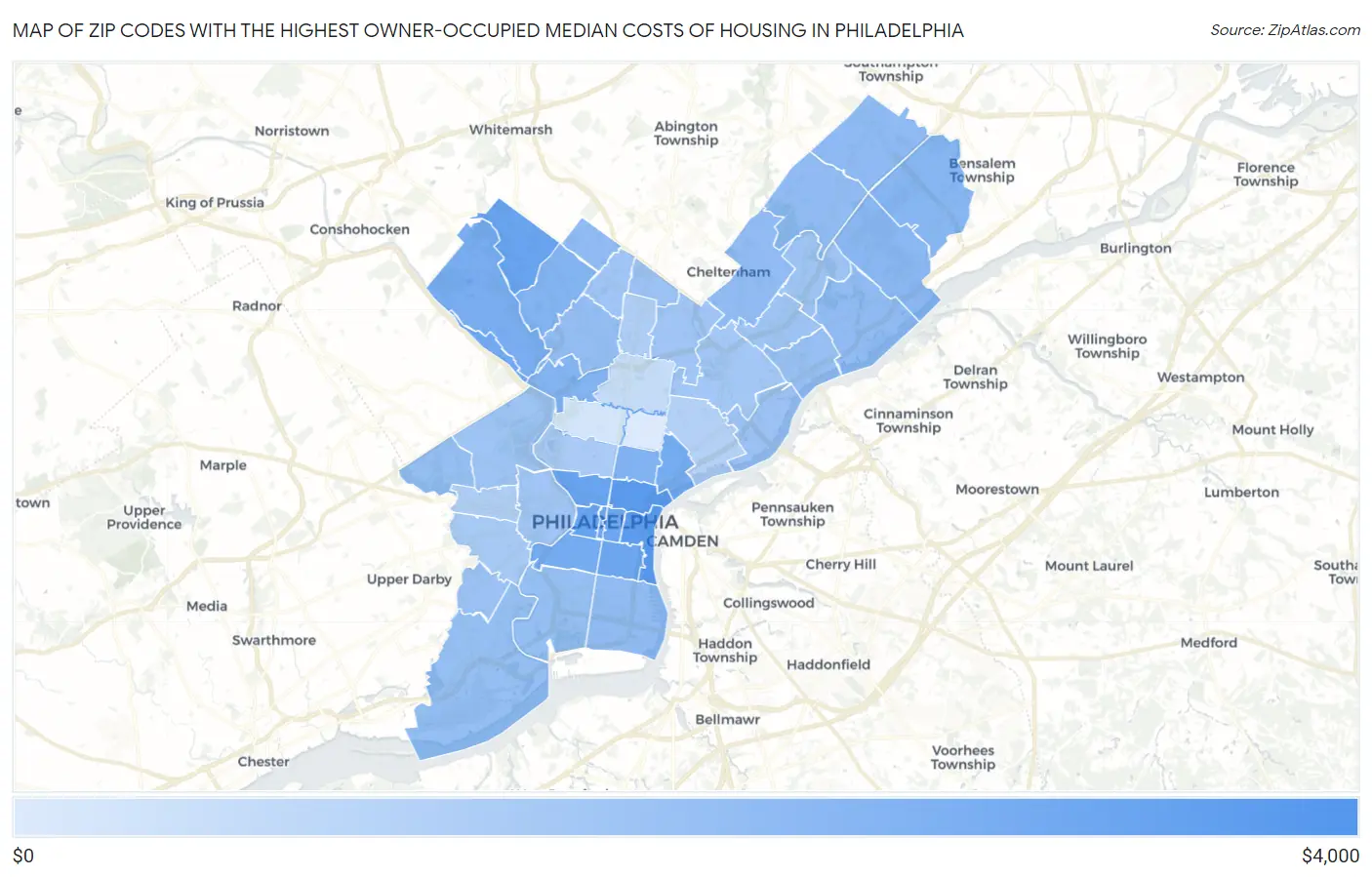 Zip Codes with the Highest Owner-Occupied Median Costs of Housing in Philadelphia Map
